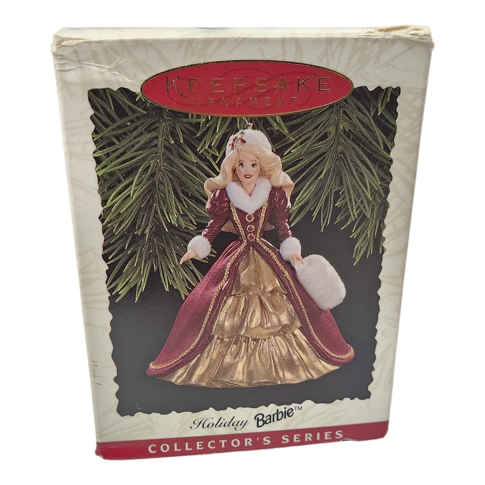 1996 Hallmark Keepsake Holiday Barbie Ornament Collector Series 4 Burgundy Gold